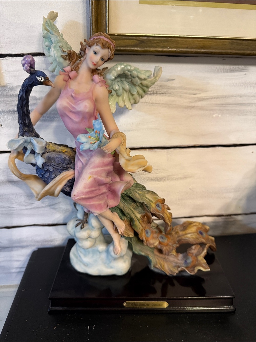 Giovanni Collection Angel Figurine with Peacock in Pink and Pastel Hues